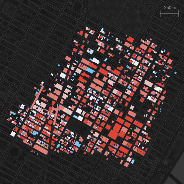 Map visualizing buildings based on their footfall activity in 2023 relative to 2019 (pre-covid). Buildings shaded blue indicate recovery of greater than 100%, buildings shaded red are below 100%.
