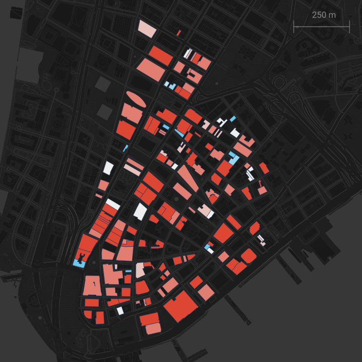 Map visualizing buildings based on their footfall activity in 2023 relative to 2019 (pre-covid). Buildings shaded blue indicate recovery of greater than 100%, buildings shaded red are below 100%.