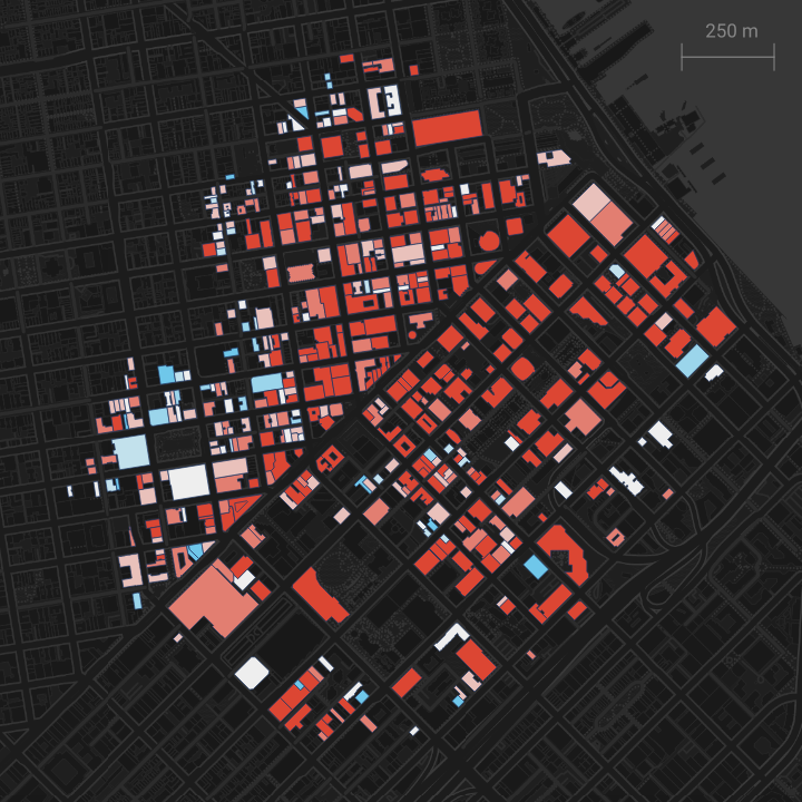 Map visualizing buildings based on their footfall activity in 2023 relative to 2019 (pre-covid). Buildings shaded blue indicate recovery of greater than 100%, buildings shaded red are below 100%.
