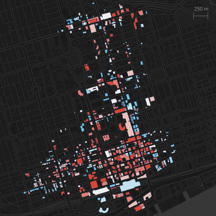 Map visualizing buildings based on their footfall activity in 2023 relative to 2019 (pre-covid). Buildings shaded blue indicate recovery of greater than 100%, buildings shaded red are below 100%.