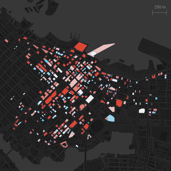 Map visualizing buildings based on their footfall activity in 2023 relative to 2019 (pre-covid). Buildings shaded blue indicate recovery of greater than 100%, buildings shaded red are below 100%.